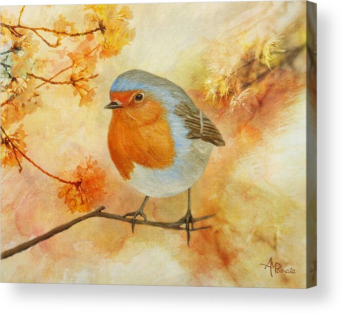 Robin Acrylic Print featuring the painting Robin Among Flowers by Angeles M Pomata