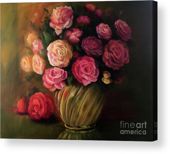Still Life Acrylic Print featuring the painting Roses in Brass Bowl by Marlene Book