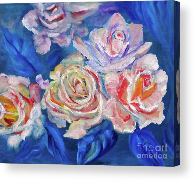 Roses Acrylic Print featuring the painting Roses, Roses on Blue by Jenny Lee