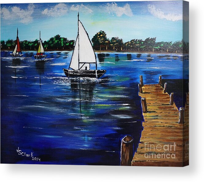 Landscape Acrylic Print featuring the painting Sailboats and Pier by Jimmy Clark