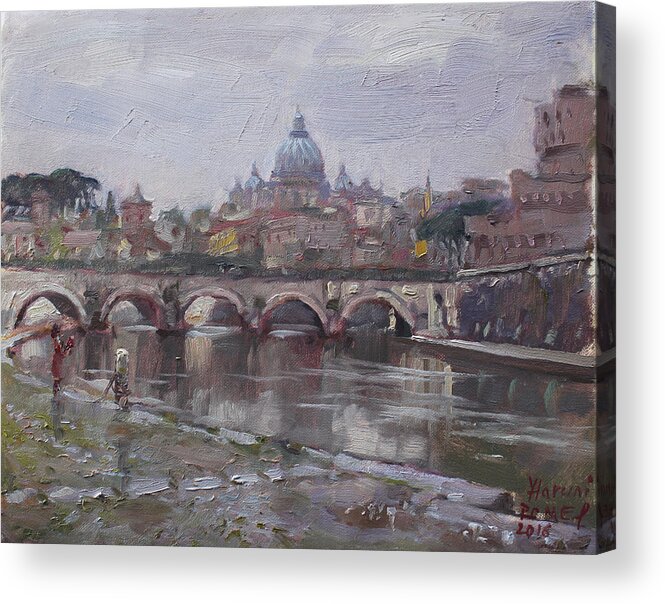 San Pietro Acrylic Print featuring the painting San Pietro in a Rainy Day Rome by Ylli Haruni