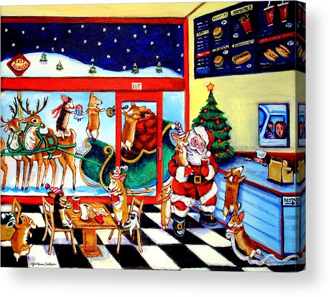 Pembroke Welsh Corgi Acrylic Print featuring the painting Santa makes a pit stop by Lyn Cook