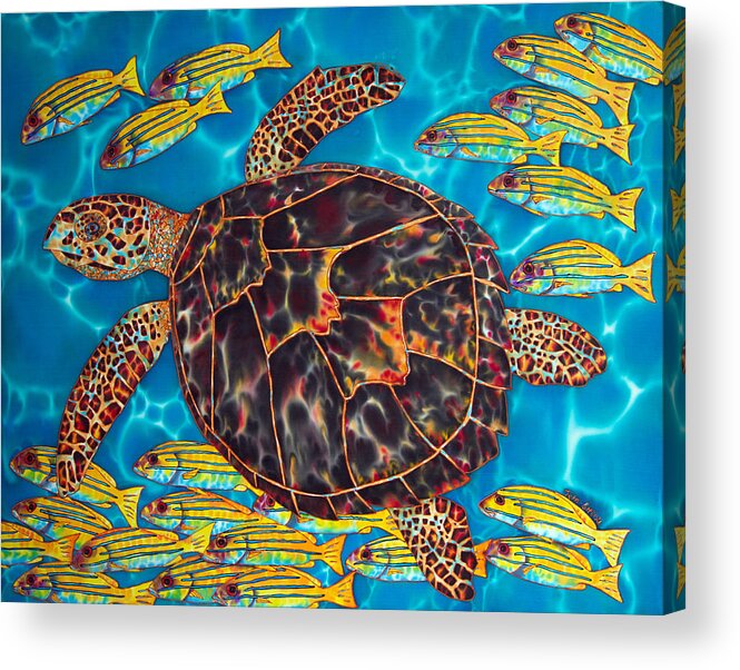 Sea Turtle Acrylic Print featuring the painting Sea Turtle with Schooling Fish by Daniel Jean-Baptiste