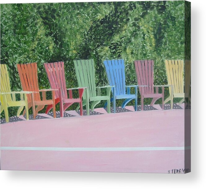 Seascape Acrylic Print featuring the painting Seaside Chairs by John Terry