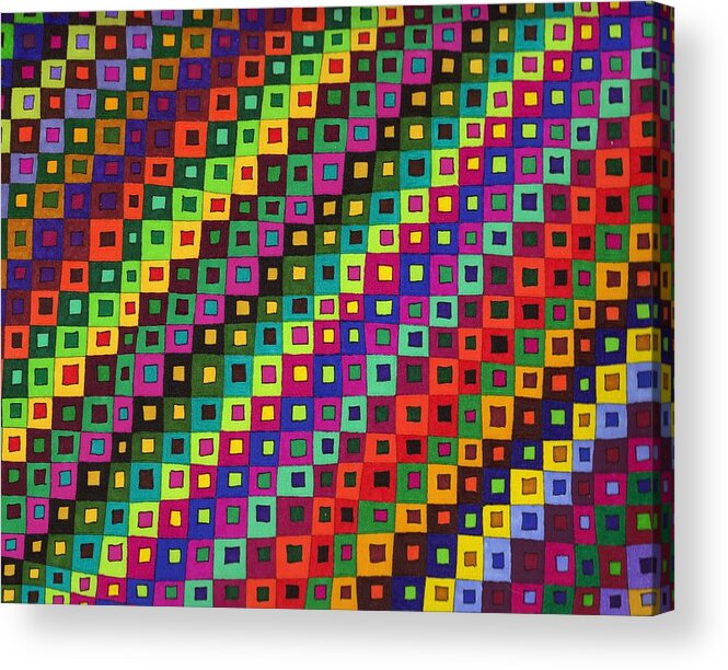 Abstract Pen Drawing Color Squares Rectangles Red Blue Purple Green Fun Contemporary Wall Art Op-art Acrylic Print featuring the drawing Seasons by Susan Epps Oliver