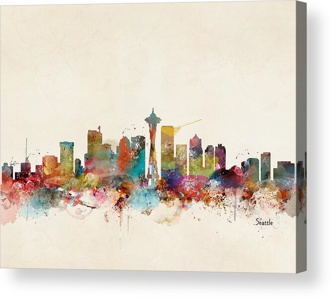 Seattle Washington Acrylic Print featuring the painting Seattle Washington Skyline by Bri Buckley