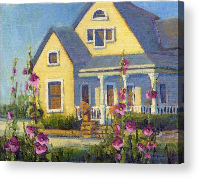 Victorian Acrylic Print featuring the painting She Loves Hollyhocks. by Konnie Kim