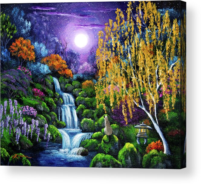 Japanese Acrylic Print featuring the painting Siamese Cat by a Cascading Waterfall by Laura Iverson