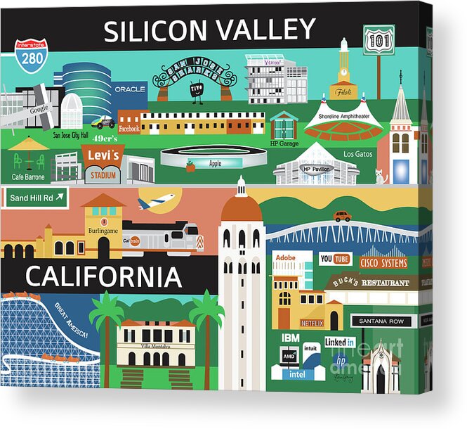 Silicon Valley Acrylic Print featuring the digital art Silicon Valley California Horizontal Scene - Collage by Karen Young