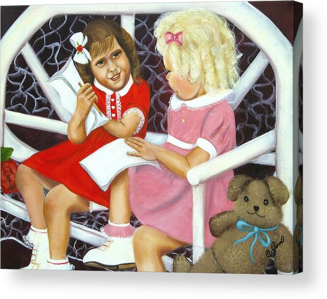 Children Acrylic Print featuring the painting Sister Chat by Joni McPherson