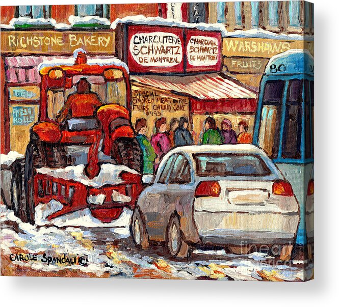 Montreal Acrylic Print featuring the painting Snowplow Winter Scene Painting For Sale 80 Bus To Schwartz Deli C Spandau Richstone Warshaw Art   by Carole Spandau