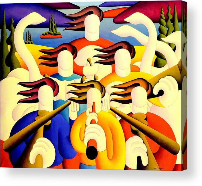 Trad Acrylic Print featuring the painting Soft musicians with swans in landscape by Alan Kenny