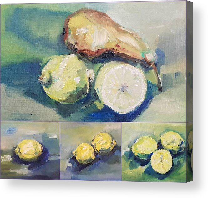 Lemon Acrylic Print featuring the painting Still with Lemon and Pear by Christel Roelandt