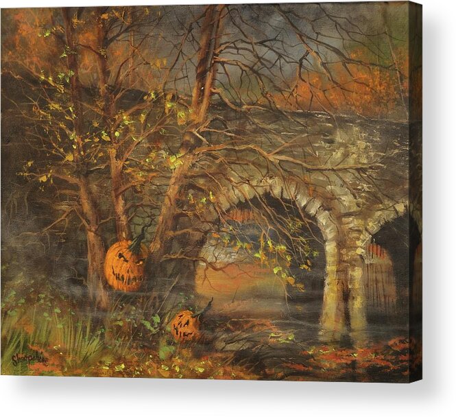 Halloween Acrylic Print featuring the painting Stone Bridge and Wicked Laughter by Tom Shropshire