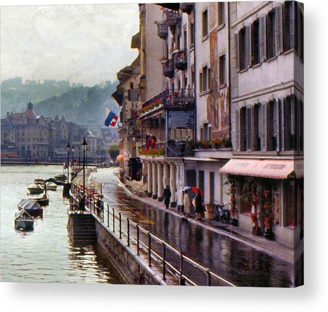 Switzerland Acrylic Print featuring the photograph Stormy Lucerne Cafe by Lin Grosvenor
