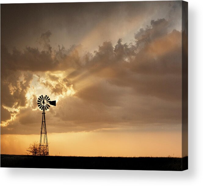 Kansas Acrylic Print featuring the photograph Stormy Sunset and Windmill 03 by Rob Graham