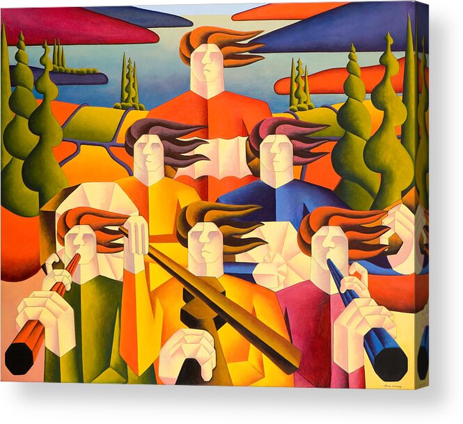 Musicians Acrylic Print featuring the painting Structured musicians in landscape by Alan Kenny