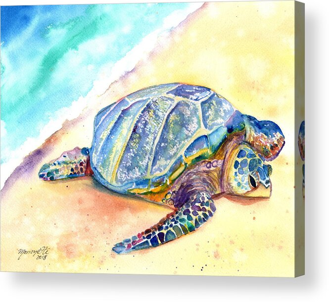 Turtle Painting Acrylic Print featuring the painting Sunbathing Turtle by Marionette Taboniar