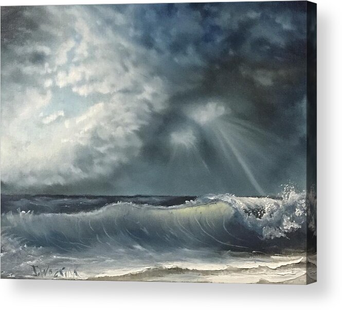 Sea Wave Ocean Water Sky Storm Beach Landscape Acrylic Print featuring the painting Sunlit sea by Justin Wozniak