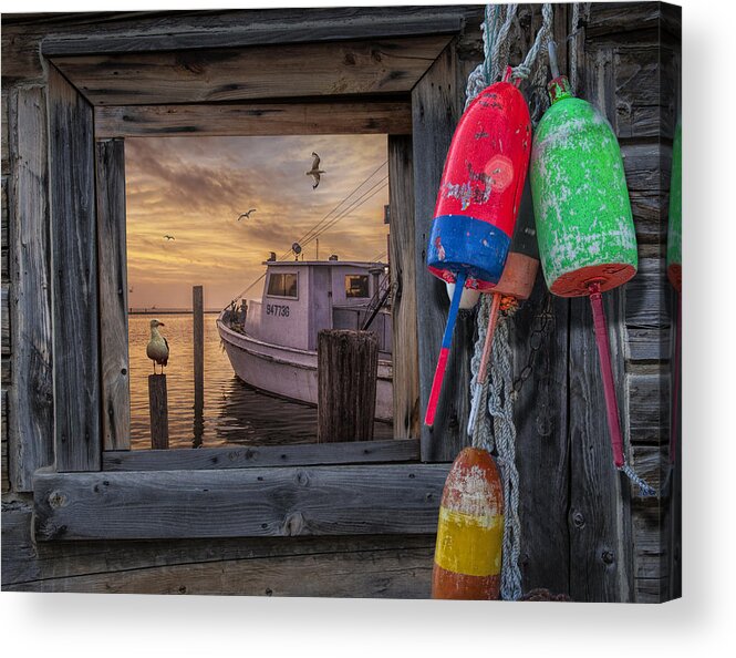 Coast Acrylic Print featuring the photograph Sunrise Photograph of Boat with Gulls and Fishing Buoys by Randall Nyhof