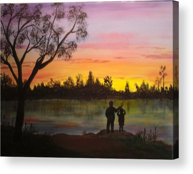 Landscape Acrylic Print featuring the painting Sunset over lake by Nancy Sisco