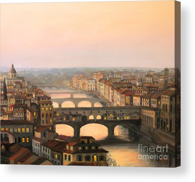 Ancient Acrylic Print featuring the painting Sunset over ponte Vecchio in Florence by Kiril Stanchev