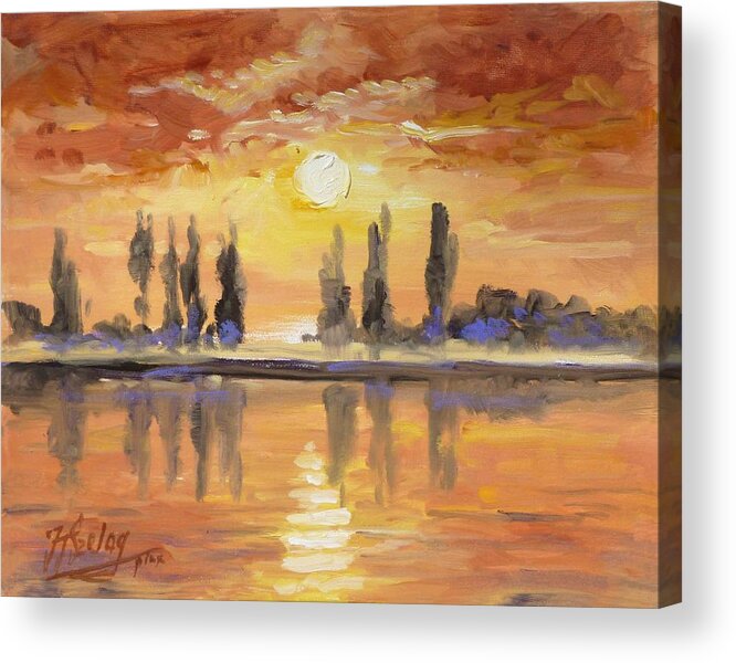 Sunset Acrylic Print featuring the painting Sunset over the lake by Irek Szelag