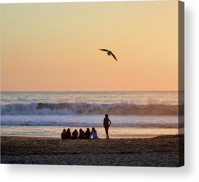 Ocean Waves Sunset Seagull People Sand Beach Acrylic Print featuring the photograph Sunset Watch by Wendell Ward