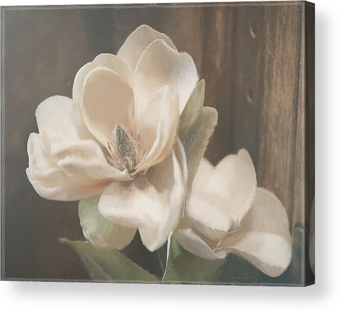 Sweet Magnolia Blossom By Tl Wilson Photography Is A Digital Painting Made From An Original Photograph Of A Magnolia Blossom Against A Rustic Background. Acrylic Print featuring the mixed media Sweet Magnolia Blossom by Teresa Wilson