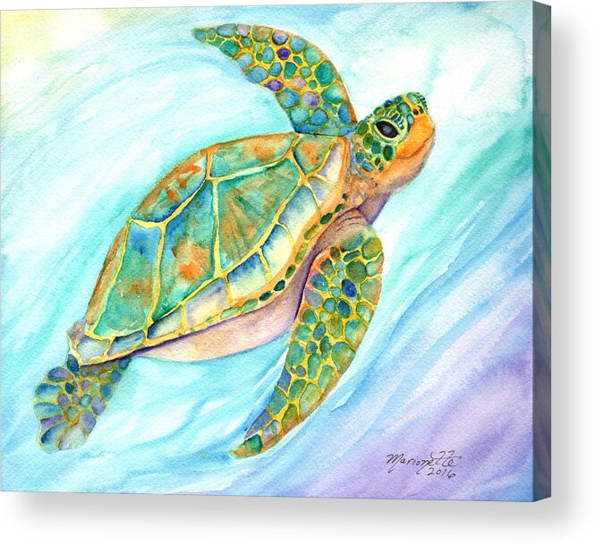 Kauai Art Acrylic Print featuring the painting Swimming, Smiling Sea Turtle by Marionette Taboniar