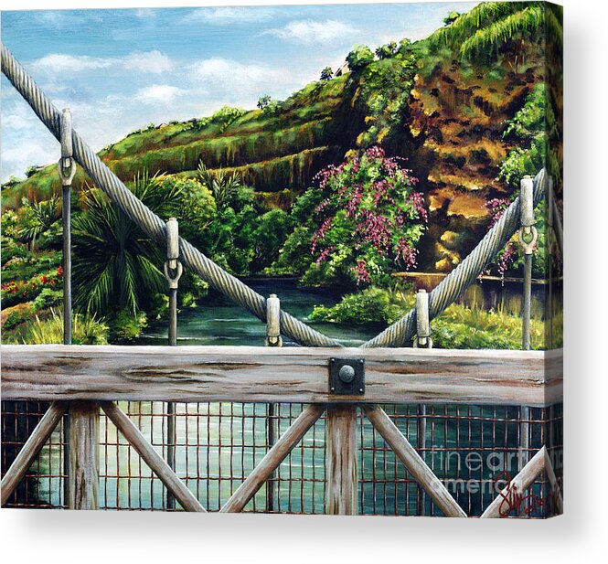 Across Acrylic Print featuring the painting Swinging Bridge by Sandra Blazel - Printscapes