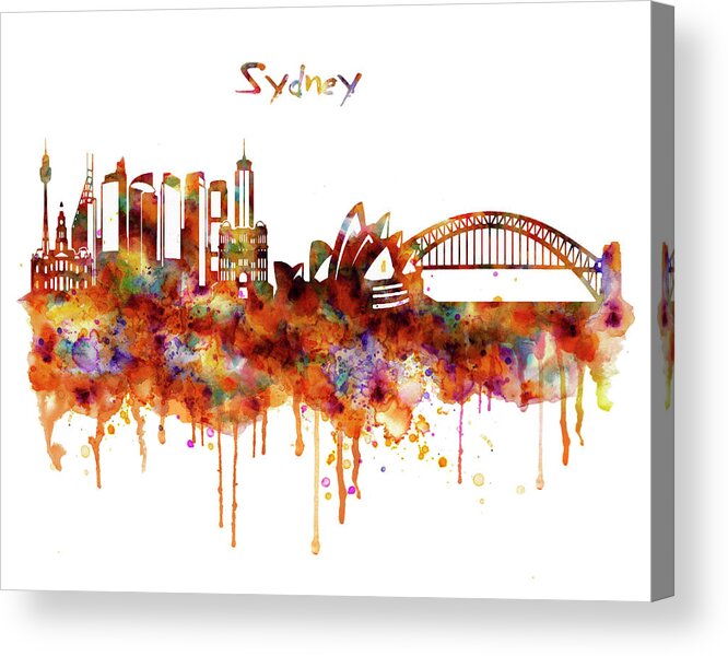 Sydney Acrylic Print featuring the painting Sydney watercolor skyline by Marian Voicu