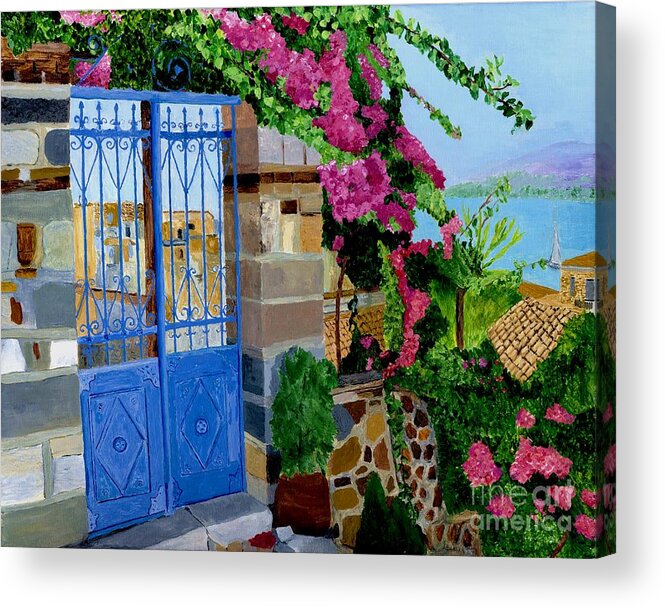 Poros Island Gate Acrylic Print featuring the painting The Blue Gate by Rodney Campbell
