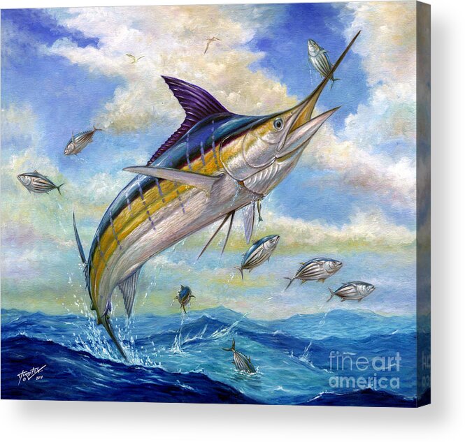 Blue Marlin Acrylic Print featuring the painting The Blue Marlin Leaping To Eat by Terry Fox
