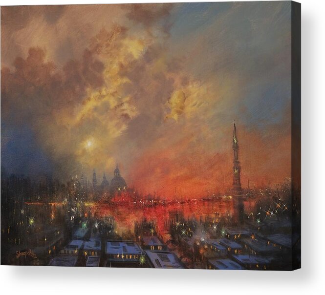  Atmospheric Painting Acrylic Print featuring the painting The City In The Sea by Tom Shropshire