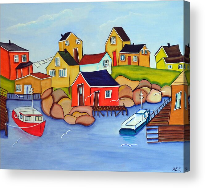 A Small Fishing Cove Sits On A Rocky Shore. Acrylic Print featuring the painting The Cove by Heather Lovat-Fraser
