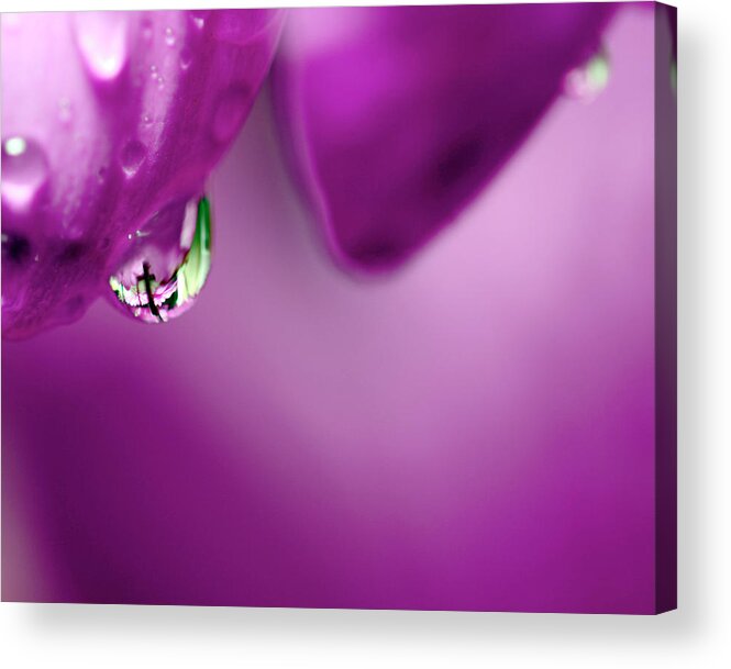 Cross Acrylic Print featuring the photograph The Cross in Reflective Purple Water Drop by Laura Mountainspring