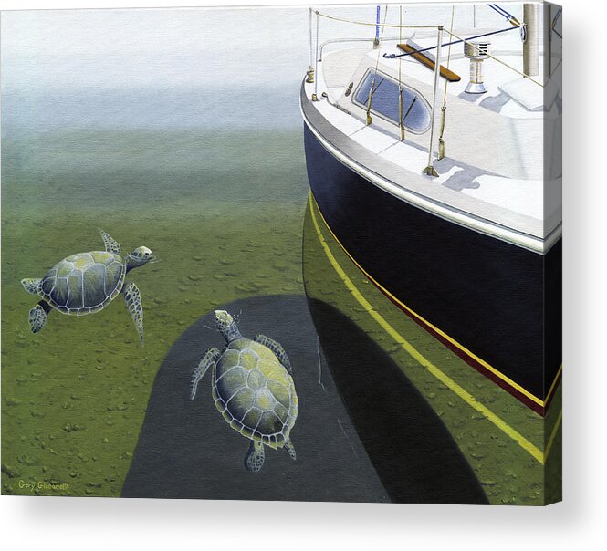Sail Boat Acrylic Print featuring the painting The Curiosity Of Sea Turtles by Gary Giacomelli