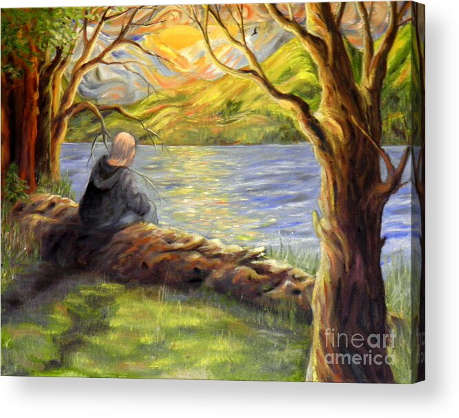 Man Landscape Inlet Trees Sunset Leaves Trunk Bark Limbs Mountains Snow Grass Log Light Shadow Dark Eagle Flight Clouds Reflecting Blue Yellow Orange Brown White Red Pink Black Indigo Sunlight Acrylic Print featuring the painting The Last Look by Ida Eriksen