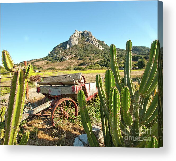 Old Wagon Acrylic Print featuring the photograph The Old Wagon and Cactus patch in front of one of the Seven Sisters in San Luis Obispo California by Artist and Photographer Laura Wrede