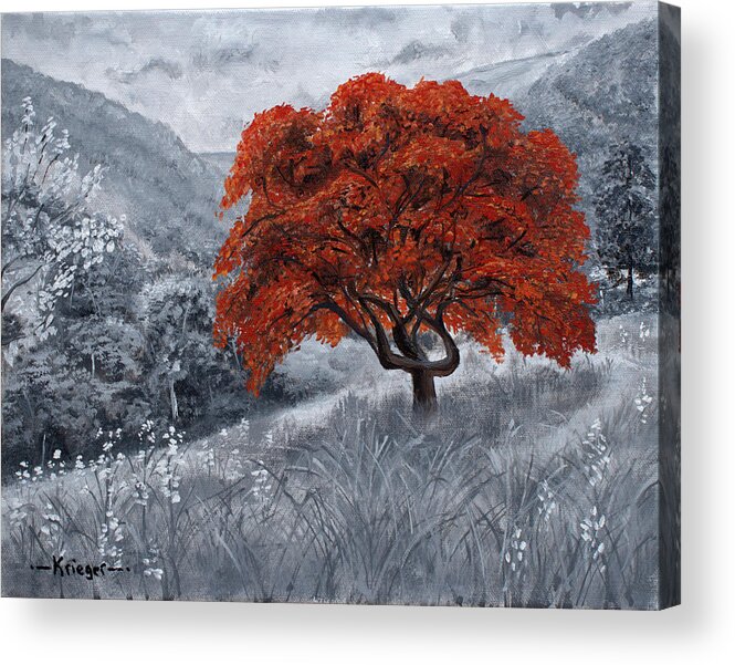 Grayscale Acrylic Print featuring the painting The Red Tree by Stephen Krieger