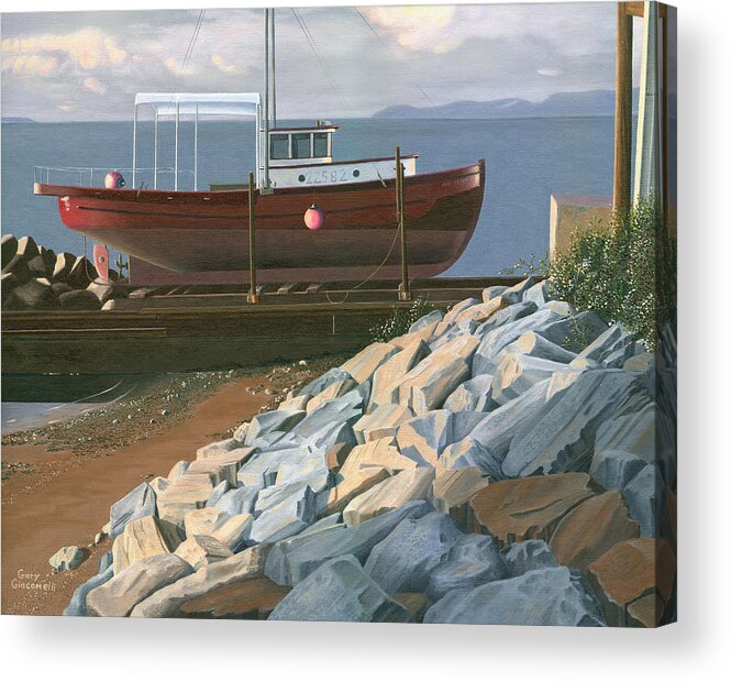 Ship Acrylic Print featuring the painting The red troller revisited by Gary Giacomelli