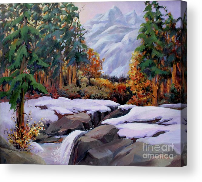 Early Snow Acrylic Print featuring the painting Three Sisters near Banff by Marta Styk