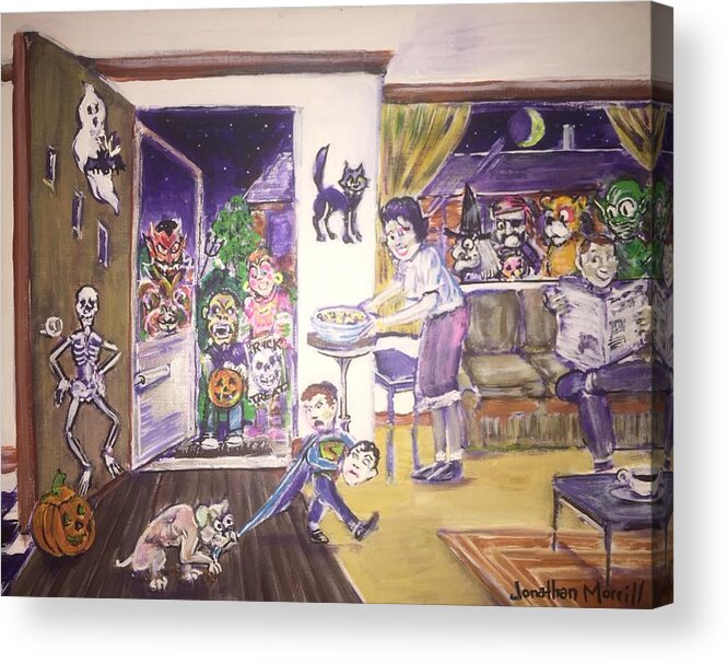 Skeleton Cat Alien Bear Pirates Witch Gypsy Gorilla Ghosts Superman Candy Pumpkins Jack O Lantern Halloween Trick Or Treat Devils 1960's Dogs Acrylic Print featuring the painting Trick or Treat on Exeter Street by Jonathan Morrill