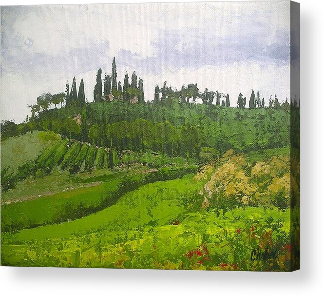 Tuscan Hillside Acrylic Print featuring the painting Tuscan Villa Hillside by Chris Hobel