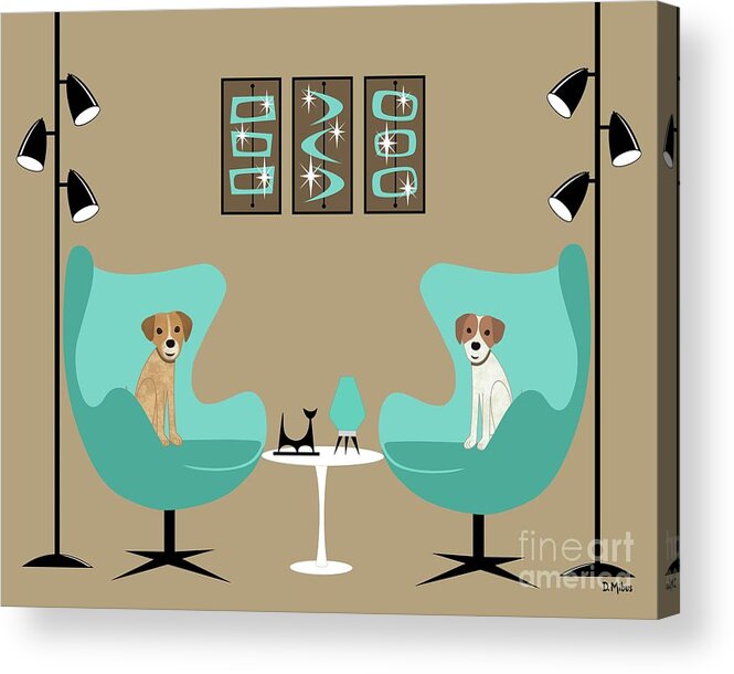 Mid Century Modern Dog Acrylic Print featuring the digital art Two Egg Chairs with Dogs by Donna Mibus