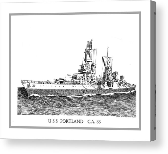 Framed Pen & Ink Prints Of Naval Ships Acrylic Print featuring the drawing U S S Portland C A 33 by Jack Pumphrey
