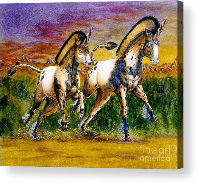 Artwork Acrylic Print featuring the painting Unicorns in Sunset by Melissa A Benson