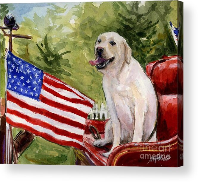 Golden Retriever Acrylic Print featuring the painting Wag the Flag by Molly Poole