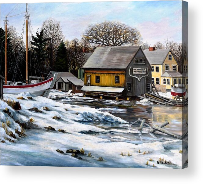 Essex Acrylic Print featuring the painting Essex Boatyard, Winter by Eileen Patten Oliver
